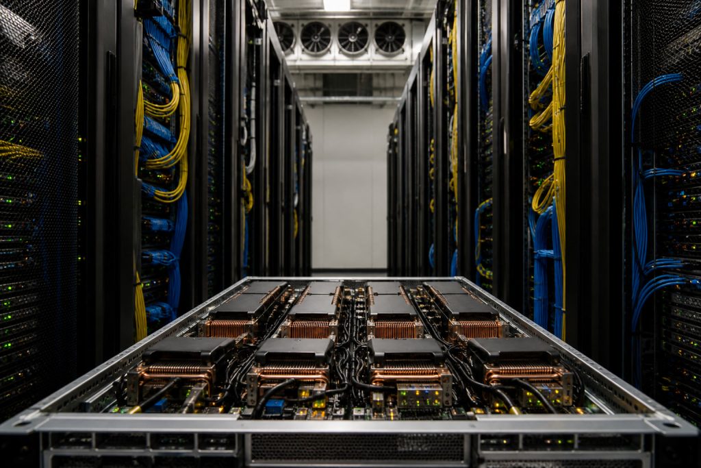 Server racks and an open GPU tray in a data centre