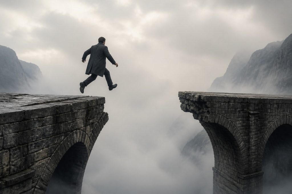 Person stepping across a massive gap in a stone bridge