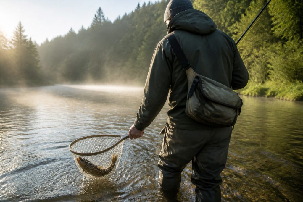 Fly fisherman landing a large trout in a net