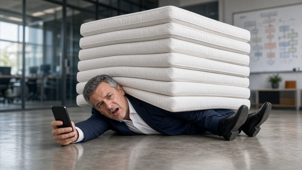 CEO buried under a stack of mattresses, one for each management layer